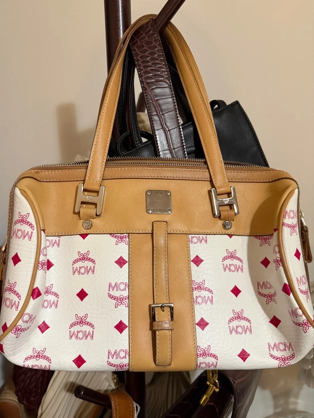 Vintage MCM Visetos Boston Bag – Cream, Pink & Tan, Silver Hardware
